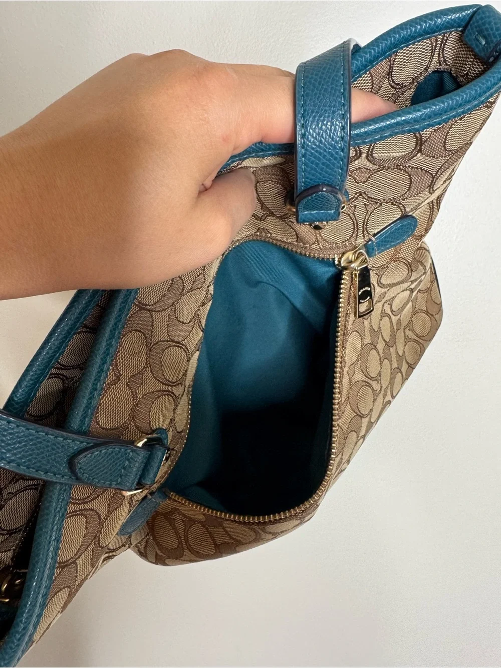 Coach Signature Canvas Tote with Teal Leather Trim